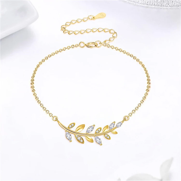 Мира 925 стерлингового серебра оливковых листьев Шарм 14K позолоченная цепочка, браслет для женщин
