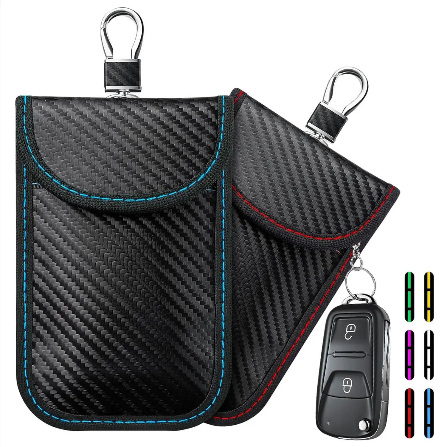 Carbon Fiber Leather RFID Car Key Signals Blocker Case With Key Hook Keyless Car Theft Pouch Faraday Bag