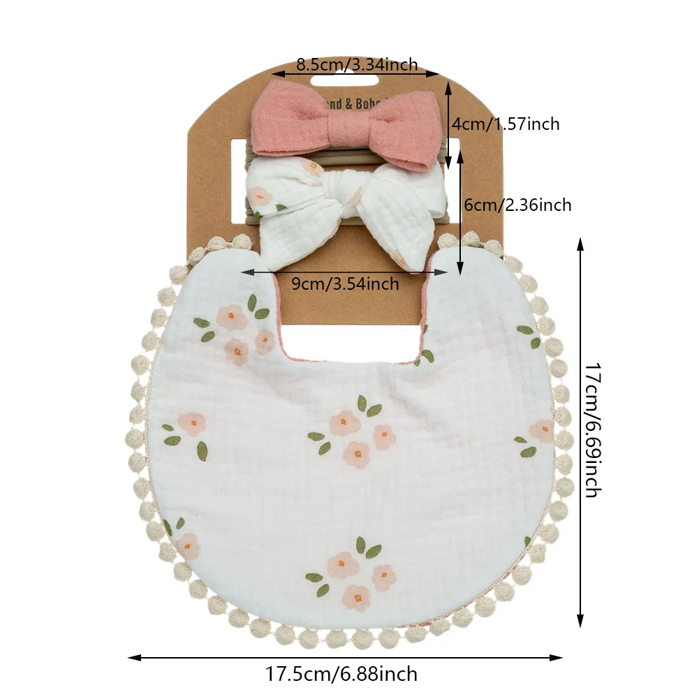 Wholesale Newborn Printed Saliva Towel 2-Layer Gauze Infant Cotton Bib Baby Bow Headband Sets