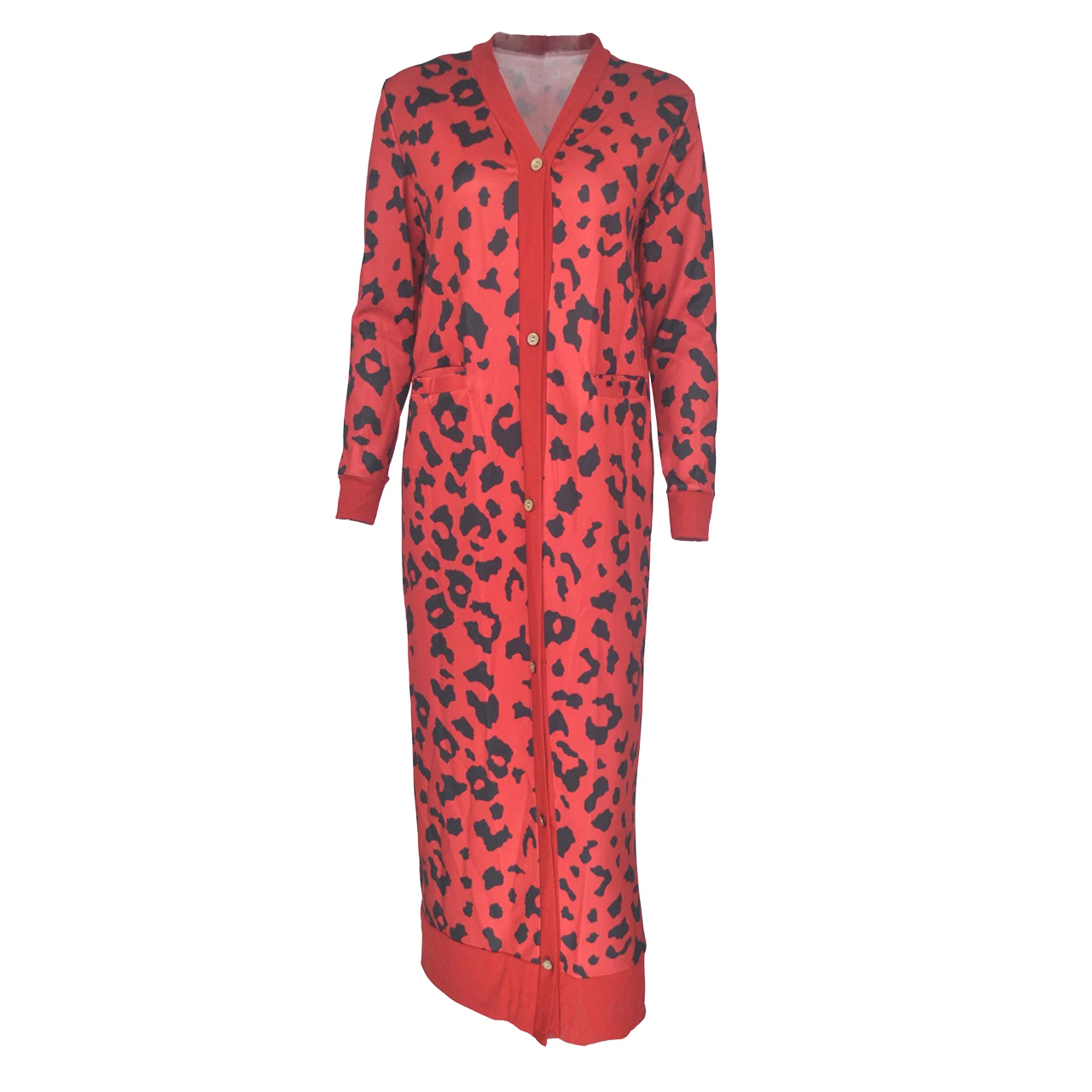 Autumn Big Size Knit Pint Slim Leopard Print Long Winter Coats For Ladies