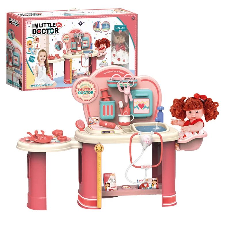 Multifunction puzzle hospital pretend play Diy Kids Doctor Toy Set Vinyl doll video game with music and light toy