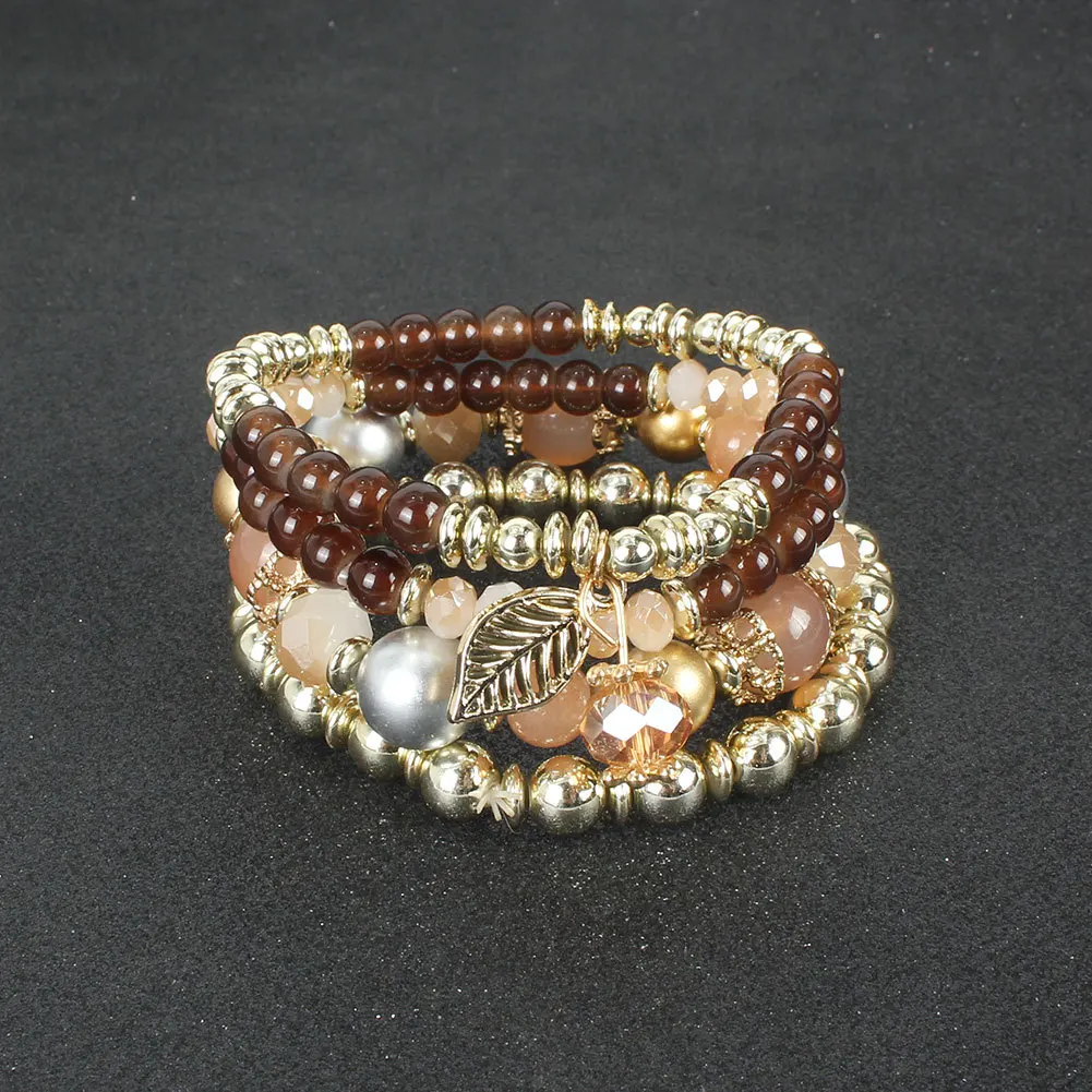 
2021 Multilayer Candy Bead Elastic Bracelet Multi-layer CZ Leaf Pendant Bead Bracelet 