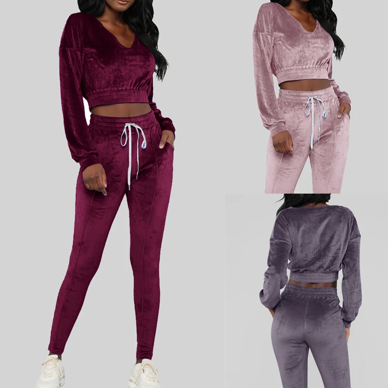 Hot Sale 2 Piece Plus Women Long Sleeve Velvet Tracksuit Running Sets Sweat Suits Sweat Pants Jogger Casual Sportswear Suits