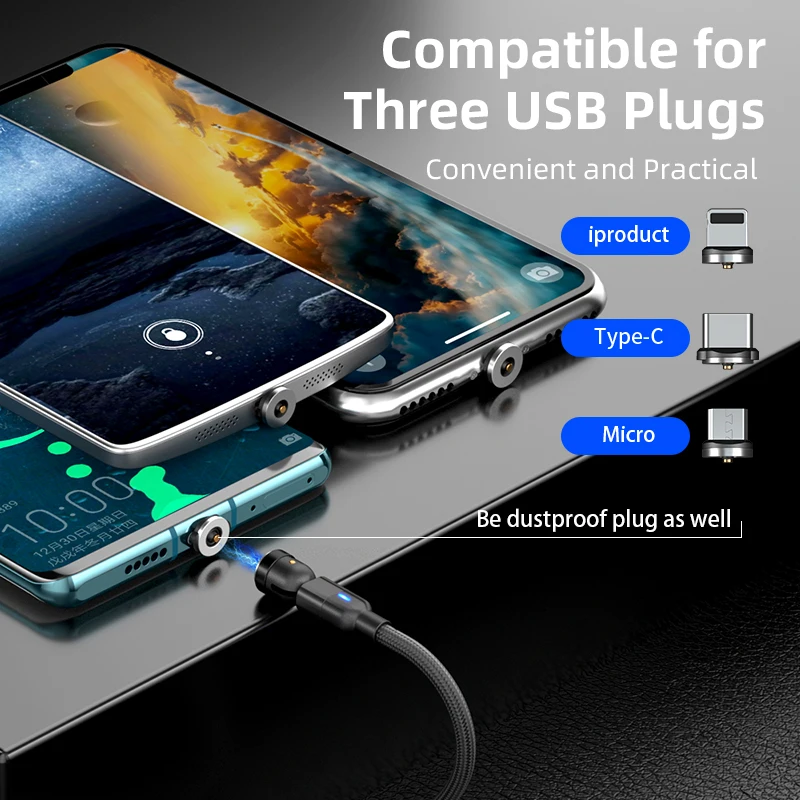 Magnetic charging cable fast charging 3 in 1 magnetic light cable 540 degree Free Rotation Data 2.4A Micro USB C Charging Line