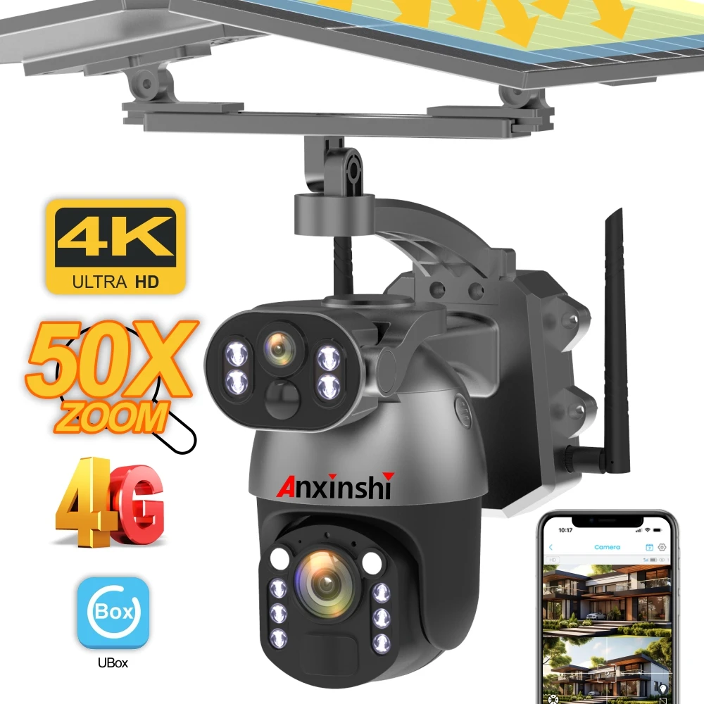 Беспроводная Солнечная ptz-камера 50x zoom двойная панель наружная 4g с двойным объективом 4k HD