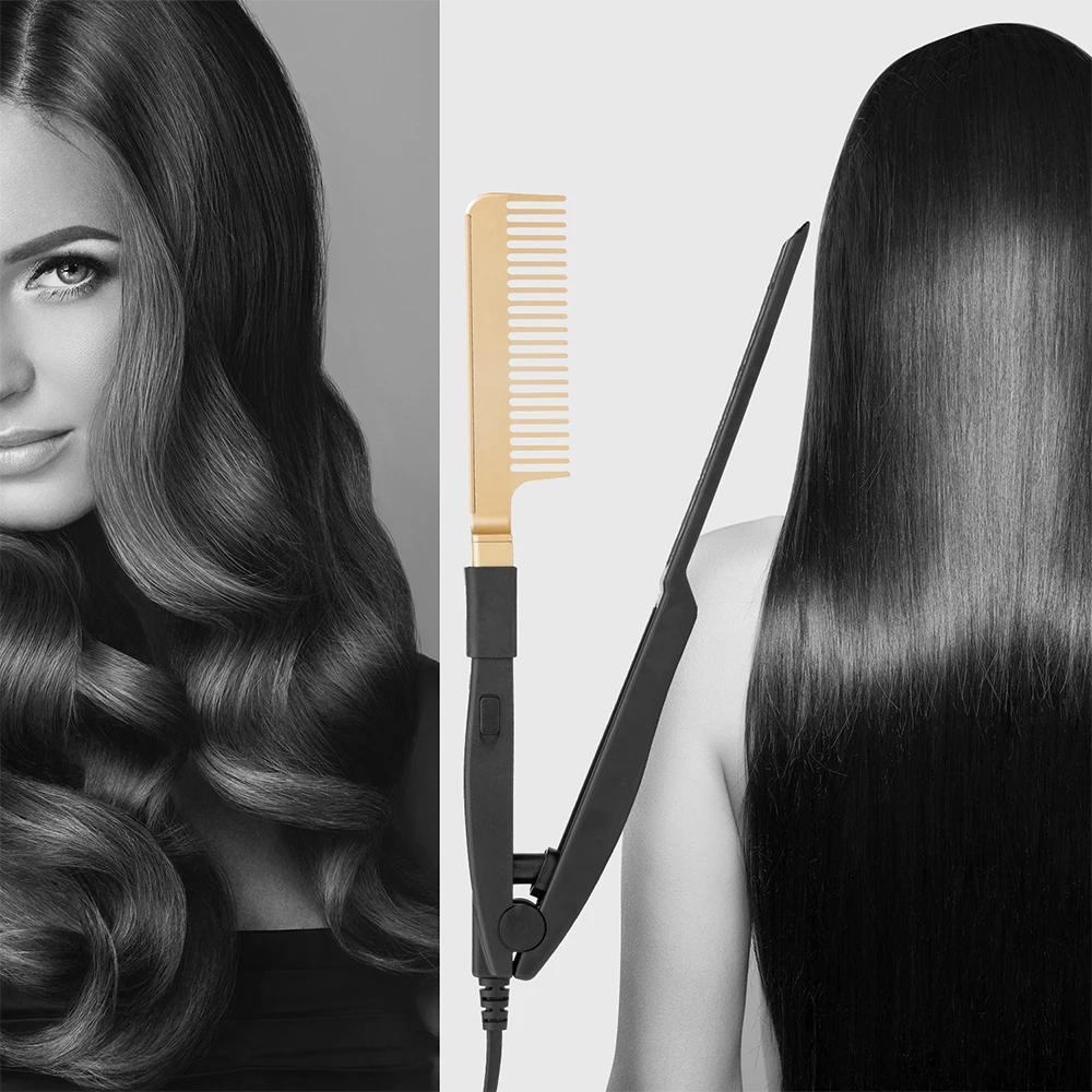 Leeons V-clip Style 2 in 1 Flat Iron Comb Straight Hair Styling Comb Hair Straightener V Comb for Hairdressing