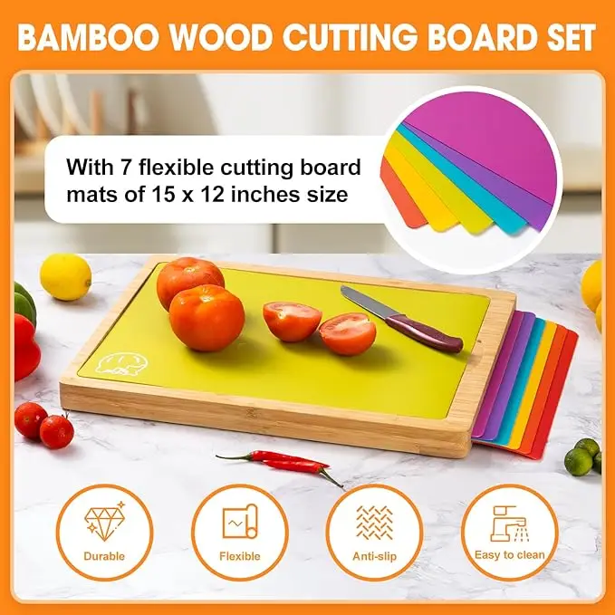Wholesale Bamboo Cutting Board Set with Flexible Cutting Mats with Food Icons,Wooden Chopping Serving Boards Set for Kitchen