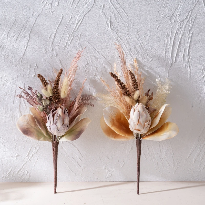 MW89108 Simulation Flower Vintage Protea Cynaroides Rabbit Tail Grass Wheat Ears Bouquet For Home Kitchen Garden Party Decor
