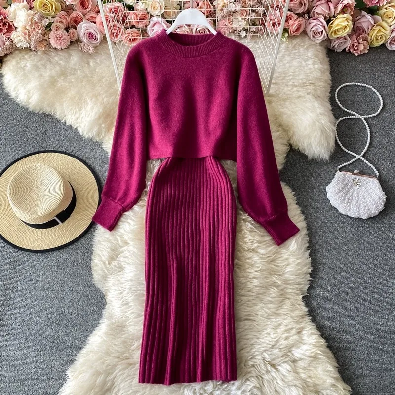 Autumn Winter Knit Two Piece Set for Women Matching Sets Long Sleeves Sweaters Two Piece Dress 2022 Knitted Suit Korean Outfit