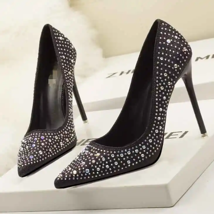 Fashionable, sweet, elegant, high-heeled shallow-mouth, thin, pointed, rhinestone wedding shoes