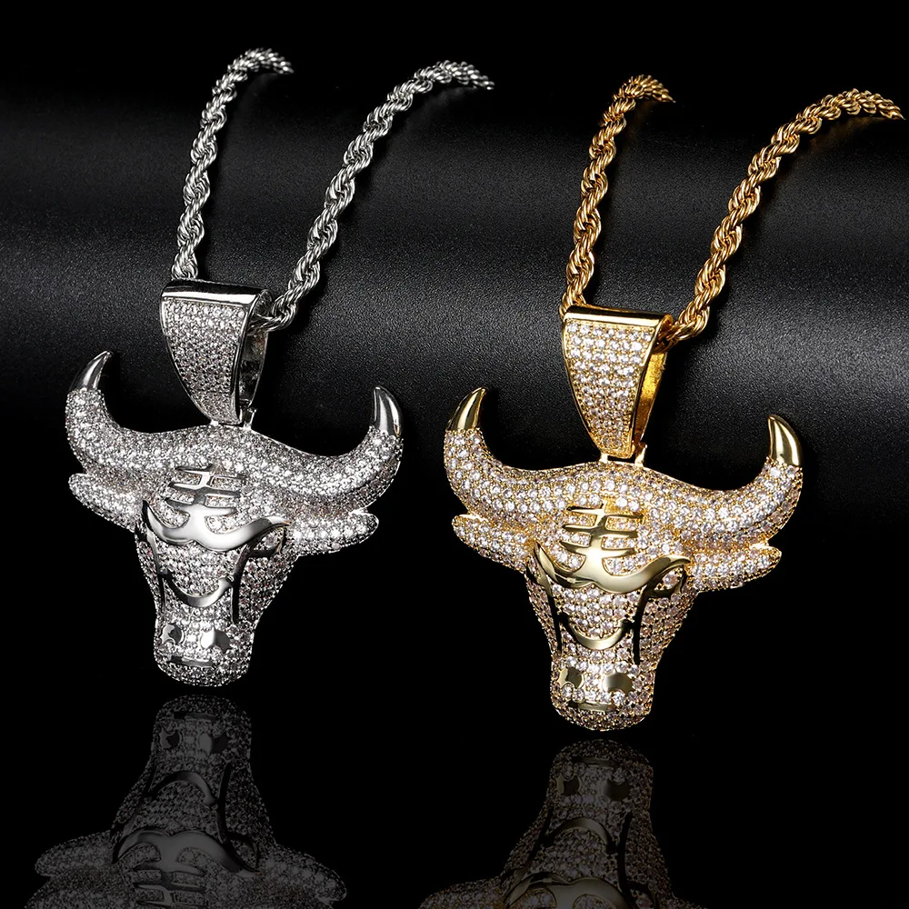 Hip hop hollowed out bull head charm pendant gold plating Bling copper inset zircon jewelry necklace