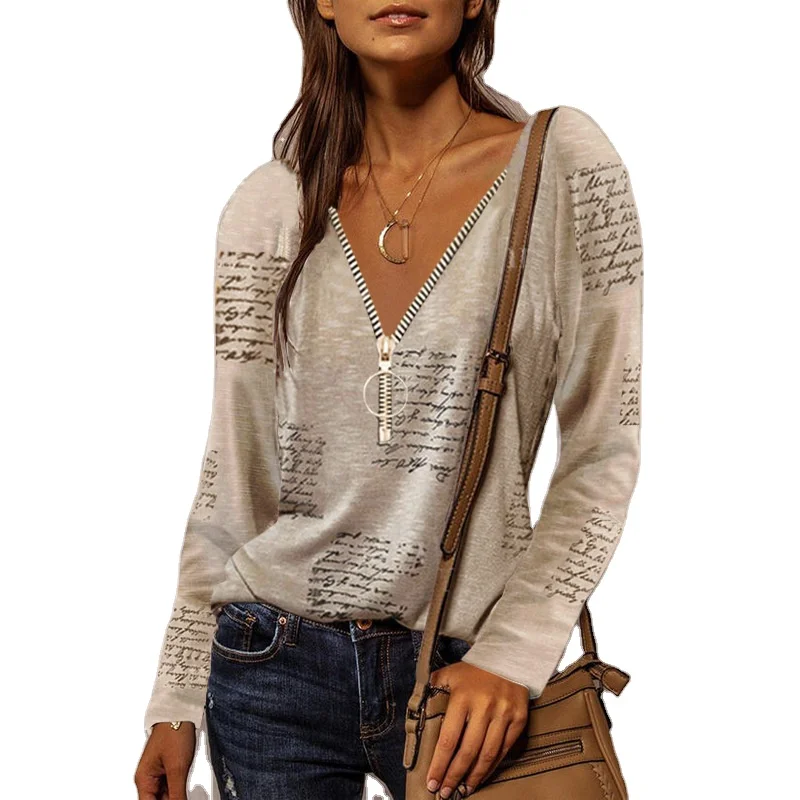 Women Zipper Long Sleeve T Shirt Blouse Ladies Casual V-Neck Pullover Tops