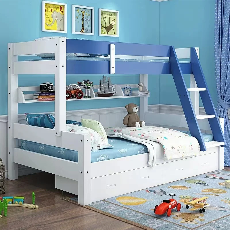 Modern Simple Solid Wood Twin Over Full Bunk Beds with Storage Drawers Loft Bed Ladder and Guard Rail Bunk Bed