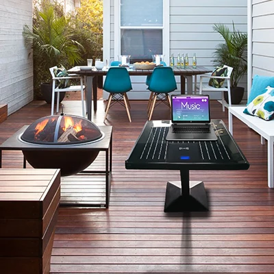 Outdoor multi-media solar table as solar energy rechargeable batteries for solar lights IP 65 solar coffee table