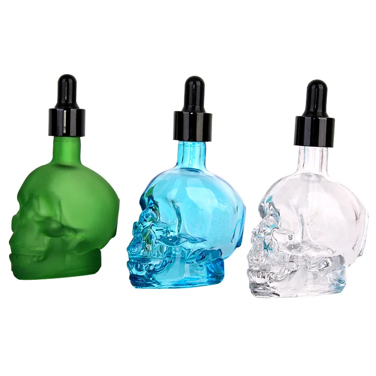 Wholesale fancy perfume 30ml 60ml 120ml China supplier skull head shape glass skull 1oz glass beard oil dropper bottle