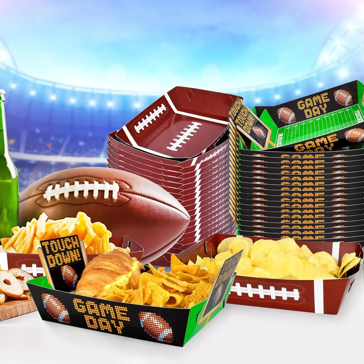 CIVI Football Paper Snack Trays Set Disposable Football Food Trays Popcorn Nacho Serving Trays Hold Party Supplies