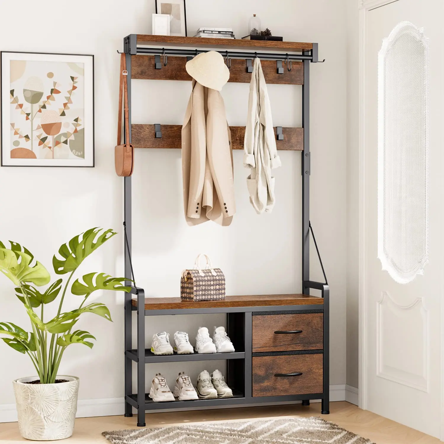 Coat Rack, Hall Tree with Shoe Bench for Entryway, 3-in-1 Shoe Rack  for home Freestanding Accent Furniture