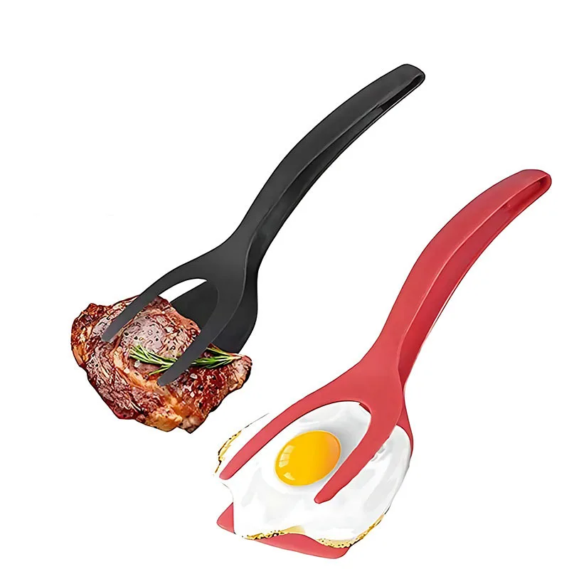 Non Stick 2 in 1 Grip Flip Kitchen Spatula Tongs Bread Clamp Barbecue Shovel Nylon Fried Egg Double Spatula For Cooking