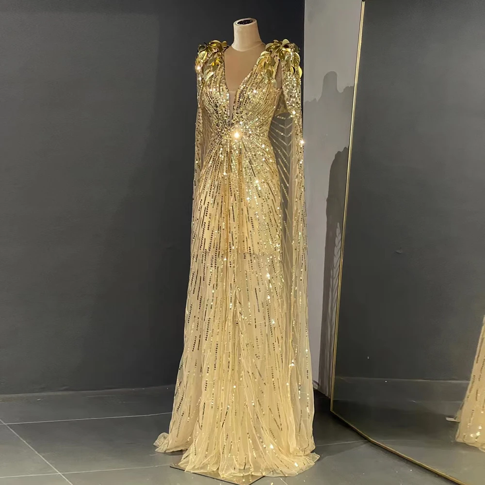 Luxury Gold Dubai Evening Dresses with Cape Sparkly Beaded Elegant Long Formal Party Dress for Women Wedding SCZ036-1