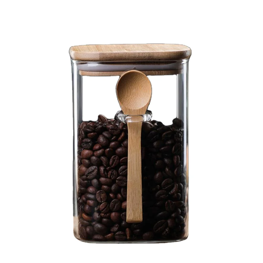 Wholesale Kitchen Storage Jar Food Square  glass container jar with spoon kitchen utensils