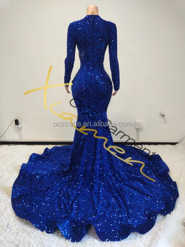 Ocstrade Dropshipping Products 2024 Crystal Beaded Navy Blue Rhinestone Prom Dresses Long Sleeve Sequin Chic Evening Dress