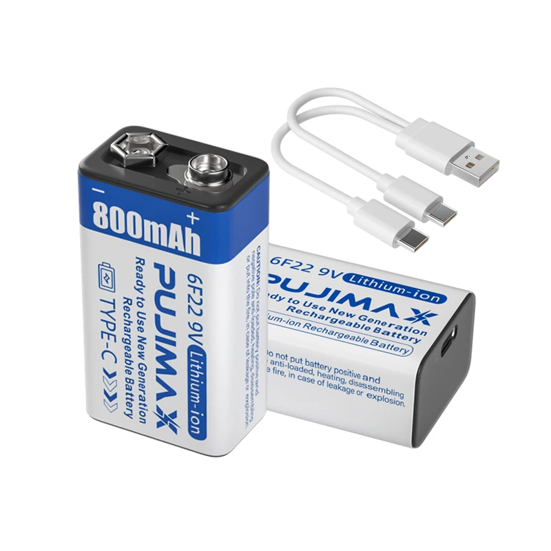 PUJIMAX 1pcs usb c lithium ion battery 9v li-ion rechargeable batteries 6f22 type c lithium batteries 9v for microphones