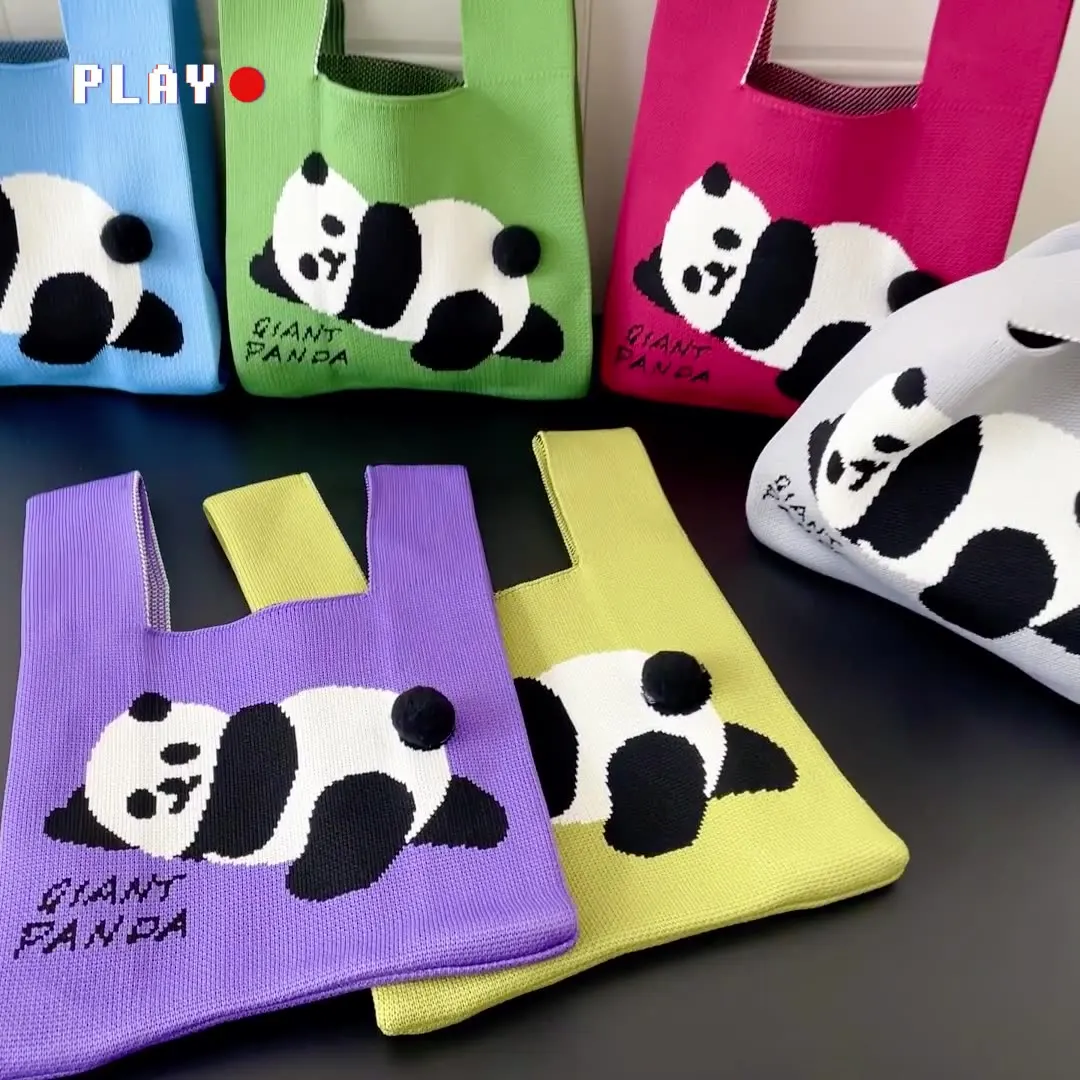 Portable wrist knitting phone key storage woven pouch fashion panda pattern giveaway gift knit tote bag