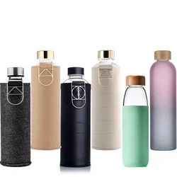 Hot sale bamboo lid borosilicate glass drinking bottle with silicone sleeve