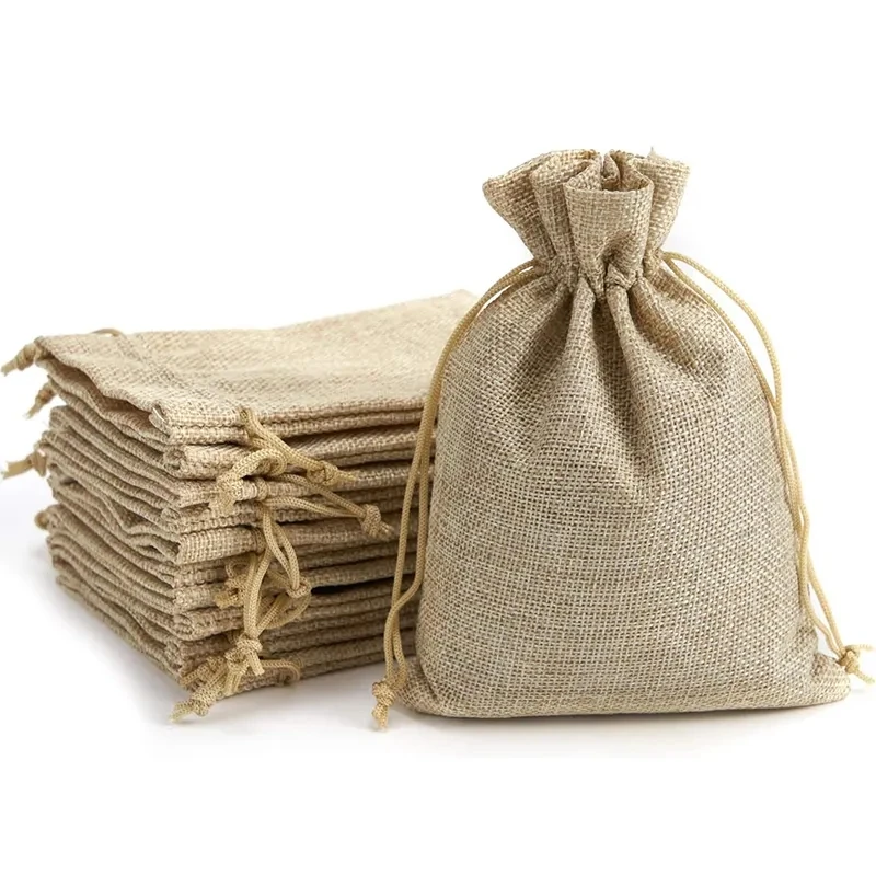 Natural 10*15cm 20Pcs For One Pack Wedding Favors Party Diy Recyclable Drawstring Linen Burlap Gift Bags