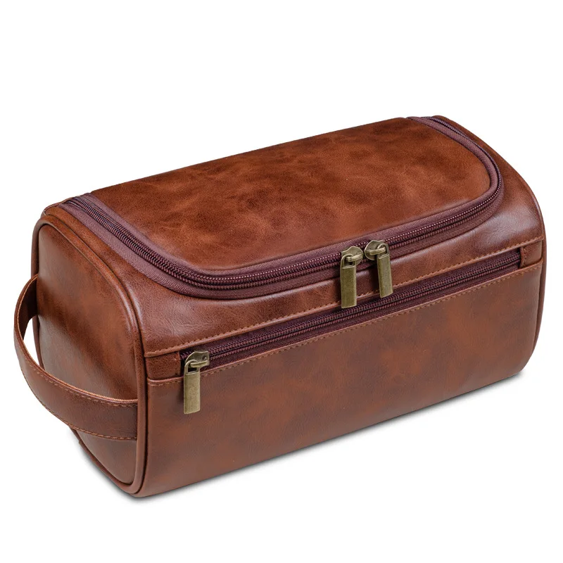Large Capacity Cosmetic Storage Bag  Travel leather toiletry bag Multi-functional storage box Durable handbag Leather Zipper