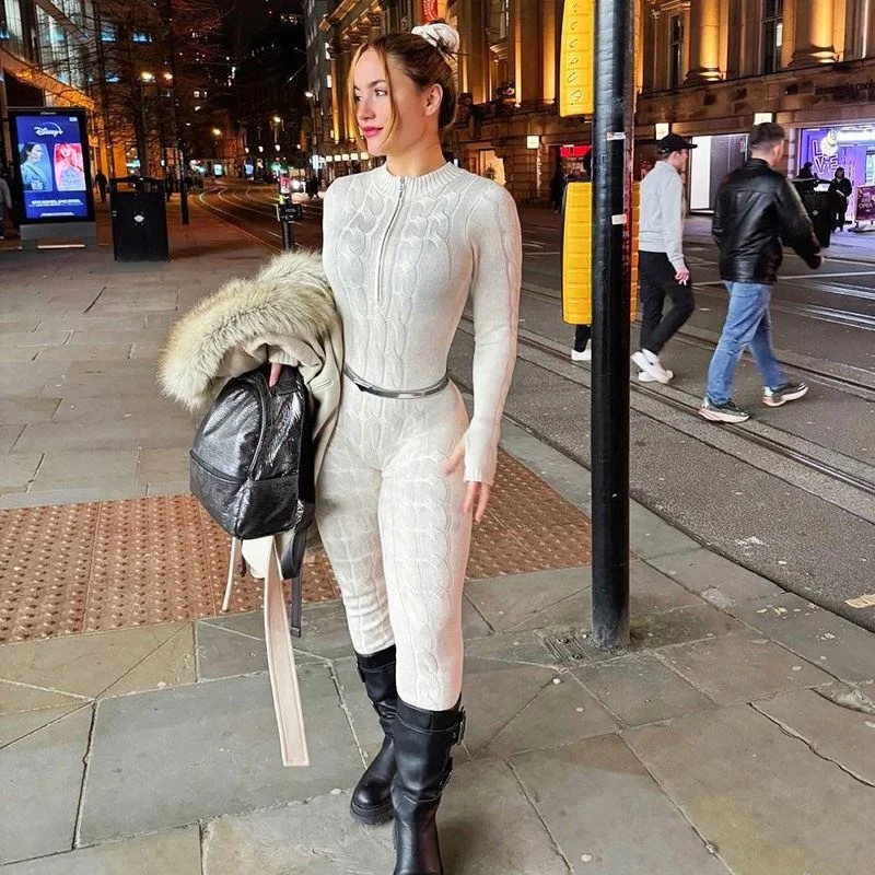 Womens Clothing  Long Sleeve O-Neck Zip Activewear Stretch Knit Overalls