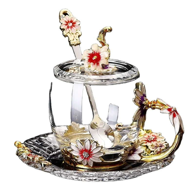 glass tea separating cups office tea Rose cup water mugs enamel tea mug with metal handle