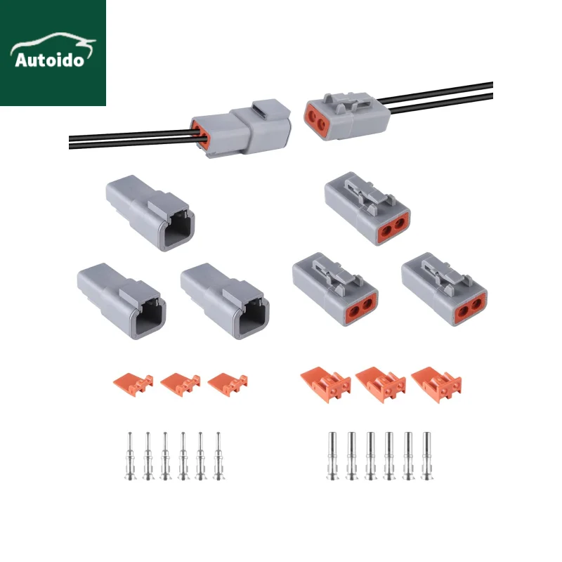 3 Kits 25 Amps 14-12 AWG Waterproof Electrical Plugs Heavy Duty Sockets Size 12 Terminal Pins DTP Series 2 Pin Connector