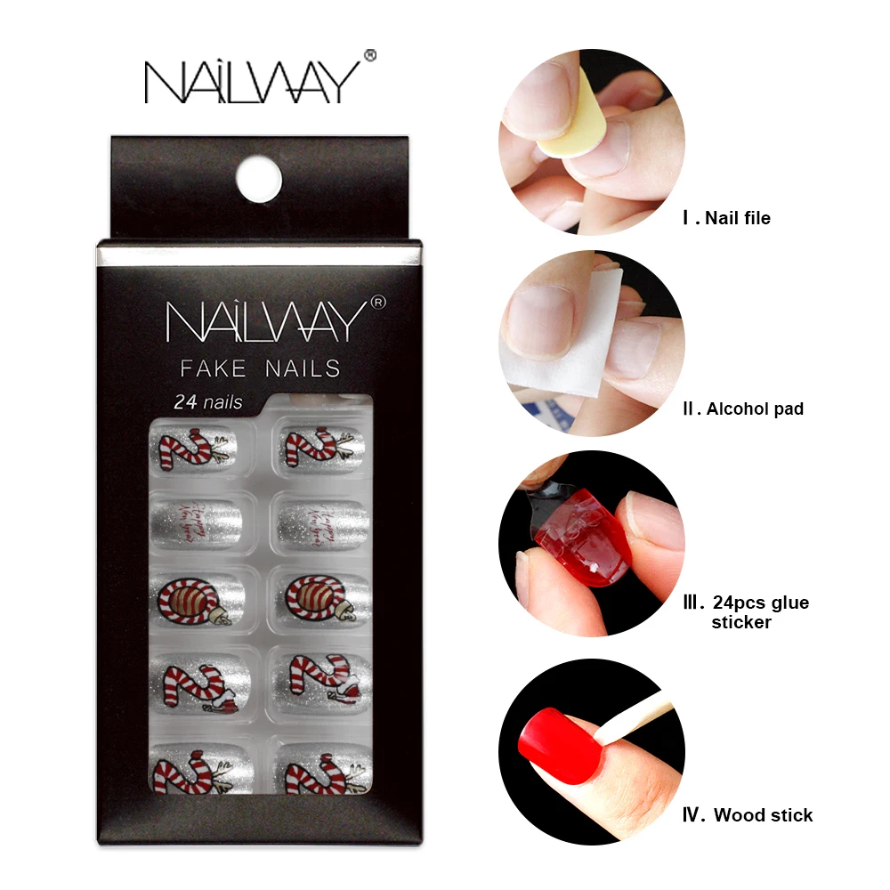 Christmas Press On Nails Wholesale Metallic Acrylic Nails Uas Postizas Medium Length Square Artificial Nails For New Year