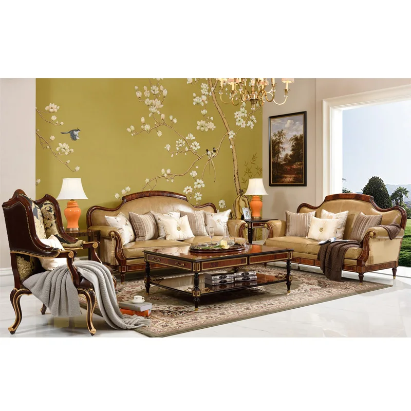 Antique Royal Couch Luxury Solid Mahogany Wood Frame Leather Sofa Living Room Furniture European Sofa Set