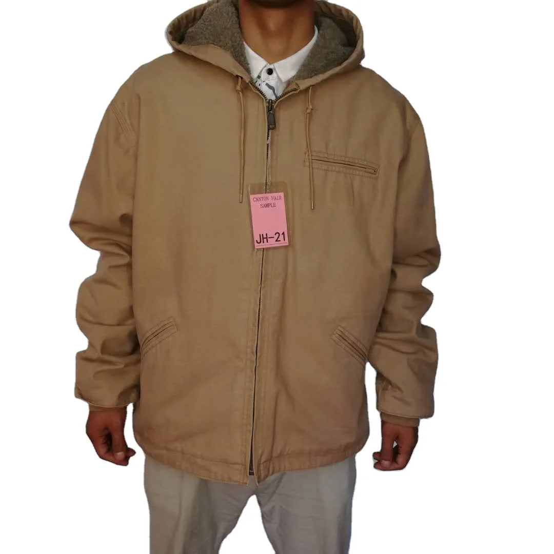 
mens woven cotton winter windproof heavy duck canvas sand washed active work high hoodie jacket sherpa-lined size regular 
