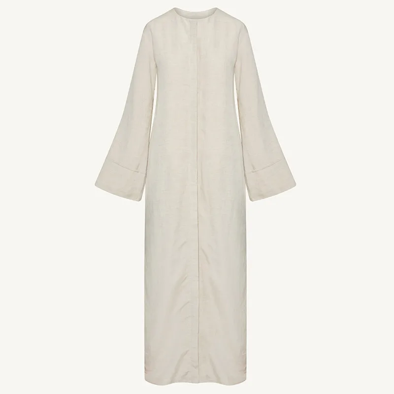 Custom 100% natural linen women muslim dress modest abaya solid color full length islamic dubai woman linen abaya button dress