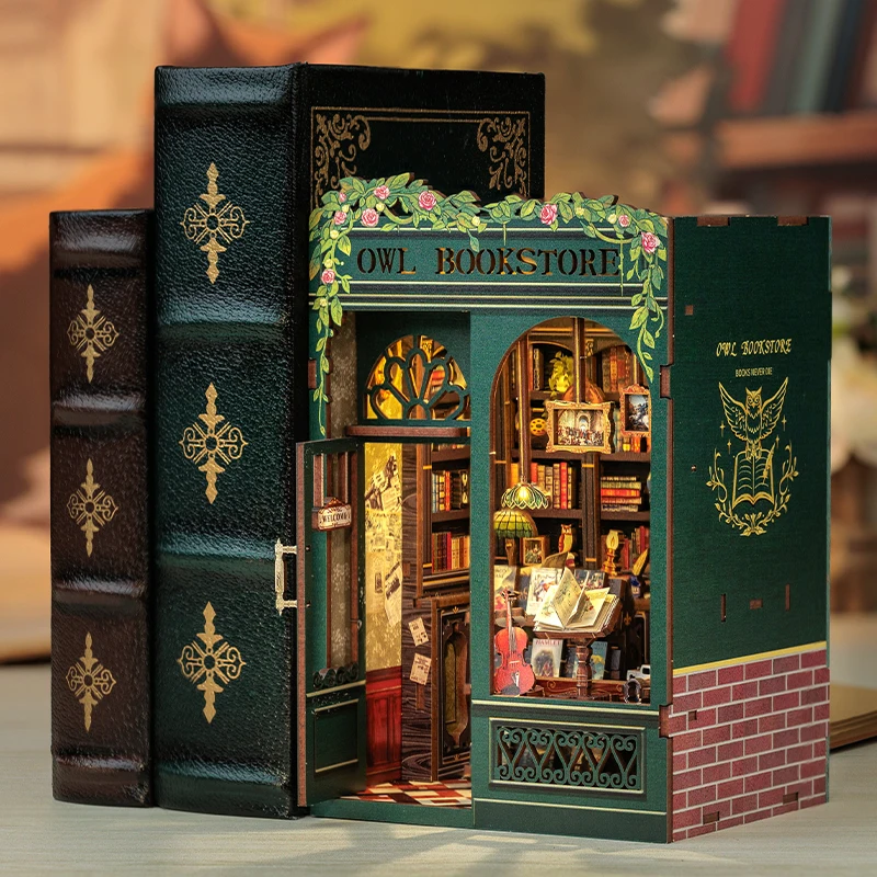 CuteBee New Style Mini Dollhouse Owl bookstore 3D Wooden Puzzle Use as Gifts Book Nook Kit Use as Gifts