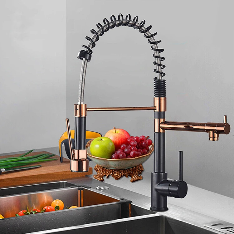 Luxury Rose Gold Sprayer Sink Faucet Mixer Double Handle Lever Pull Out Spring Kitchen Faucet