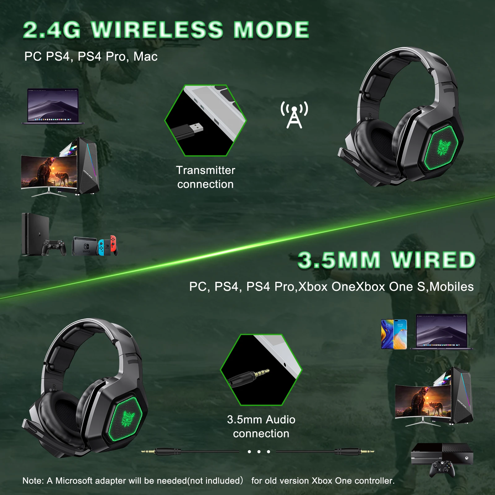 2.4G Onikuma Brand Owner Cool Rgb Computer Earphone Gaming Headset Wireless With Microphone Foldable