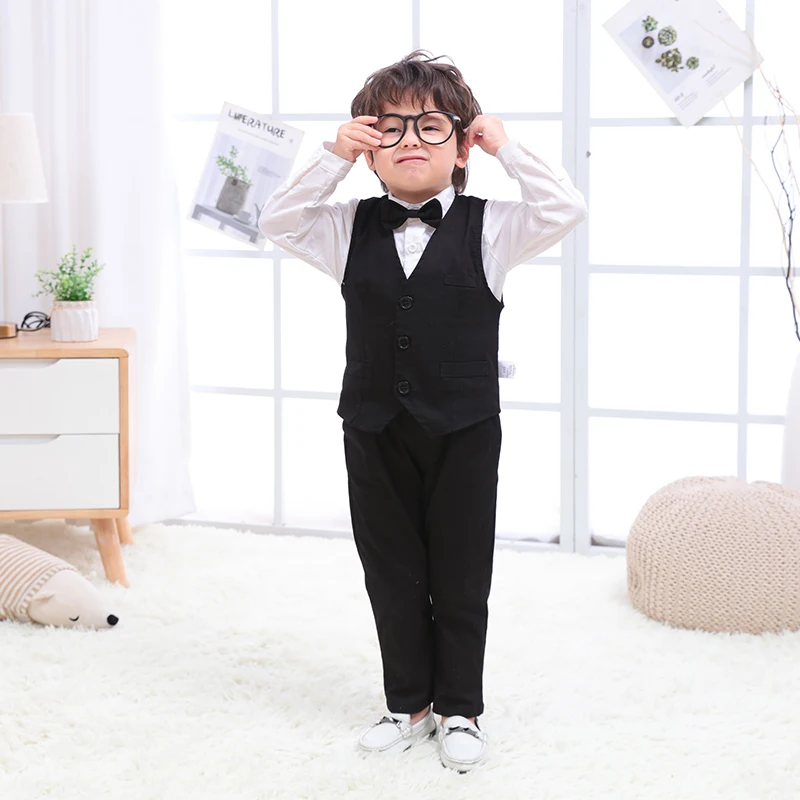 Special design white shirt black vest overalls three-piece baby boy formal clothing dress boys suit set