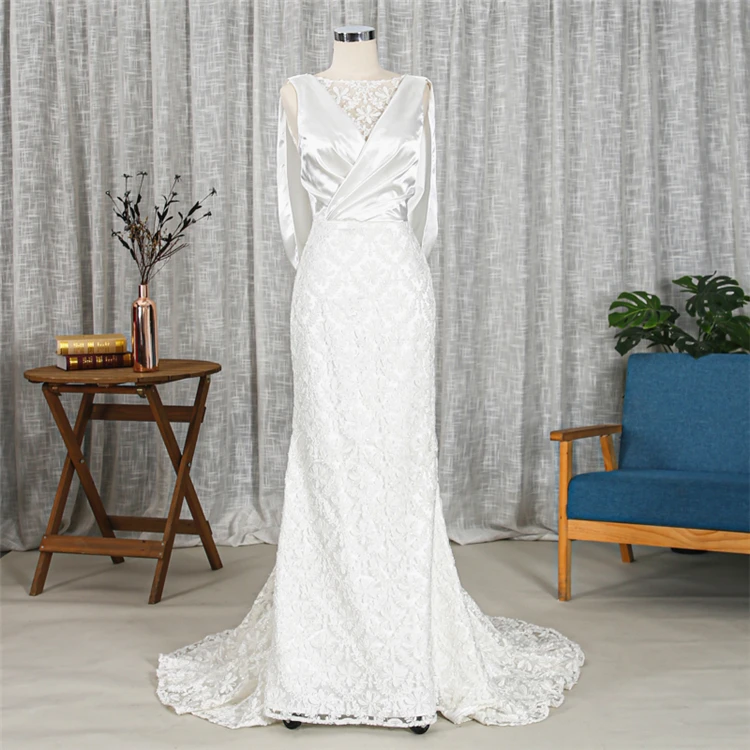 
High quality vintage lace backless mermaid bride wedding diress with sweep train 