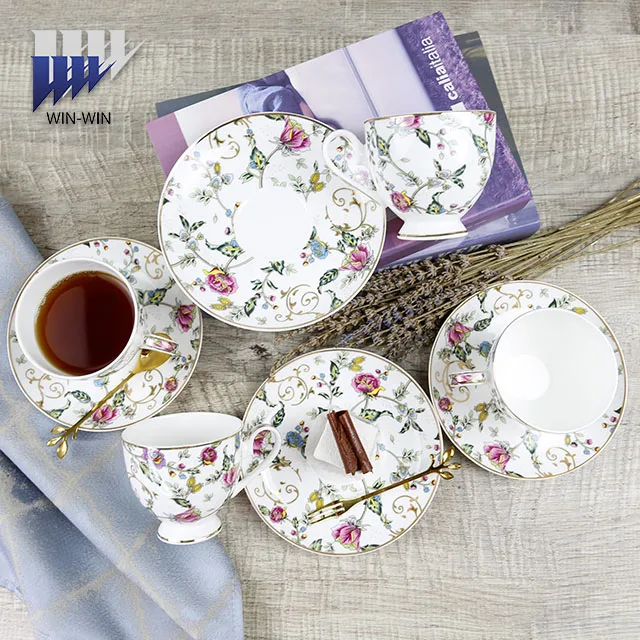 European nordic eco-friendly fine bone china tea set 15 pieces ceramic tea cup set for luxury flower design