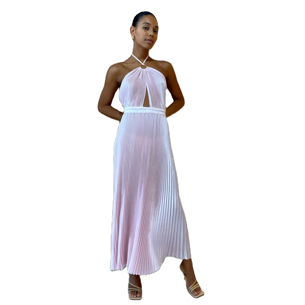 High Quality Elegant Halter Pleated Evening Dresses Ladies Sexy Halter Neckline Backless Hollow Out Long Dresses