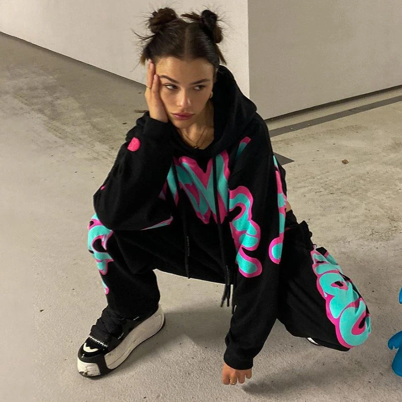 Customize Streetwear Hoodie Jogging Pants Set Fashion Fall 2022 Casual Letter Print Women Crop Top Tracksuit 2 Piece Set