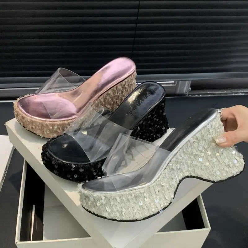 Sandalias Plataforma Glass Clear Transparent Wedge Thick Sole Platform Sandals for Women