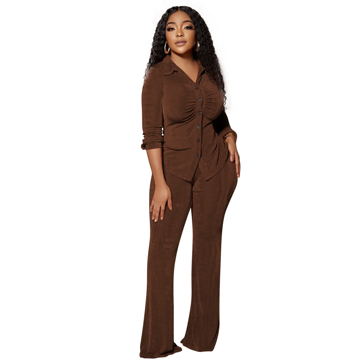 2023 Fashionable Velvet Autumn 2 Piece Button Up Pleated Shirt Long Flare Pants Women Velour Two Piece Set