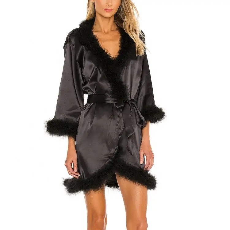 Women Black Satin Robe Kimono Long Sleeve Fashion Faux Fur Detail Belted Robe