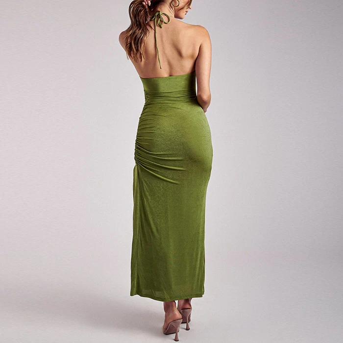 huilin factory wholesale basic plain long dresses sleeveless custom halter neck women sexy backless ruched high split maxi dress