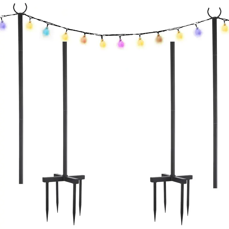 String Light Pole for Outside Sturdy Steel Pole Stand with Hooks for Hanging String Lights